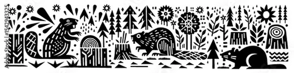 Fototapeta Hand‑Drawn Squirrel and Trees Wood Illustration, Tribal Forest Folk Art Pattern Vector for Wildlife and Woodland Nature Themes Design