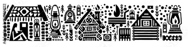 Fototapeta Hand‑Drawn Traditional Lantern and Wood House Illustration, Tribal Rustic Folk Art Pattern Vector for Village and Countryside Living Themes Design