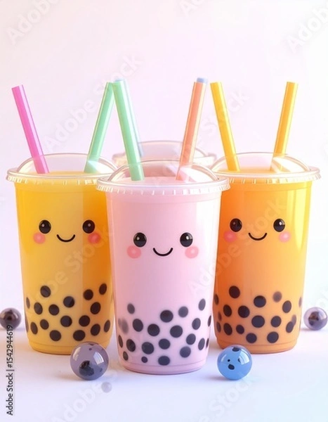 Fototapeta 3D kawaii bubble tea drinks with smiling cups