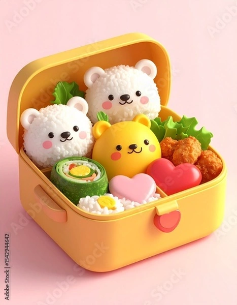 Fototapeta Toon-style 3D render of a kawaii bento box with rice bears