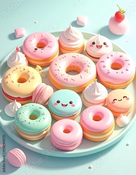 Fototapeta Cute 3D render of a dessert platter with smiling donuts, pastel macarons with kawaii