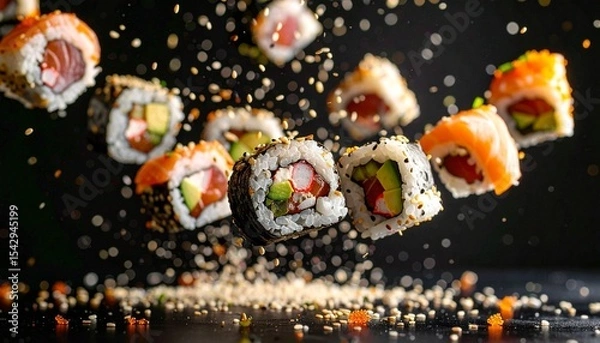 Fototapeta Delicious sushi , floating in the air