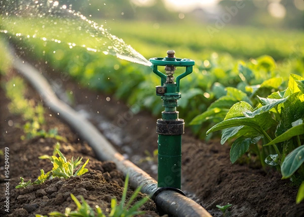Obraz Sprinkler Irrigation of a Lush Agricultural Field: A close-up captures the dynamic water spray from a sprinkler, nourishing vibrant green plants.