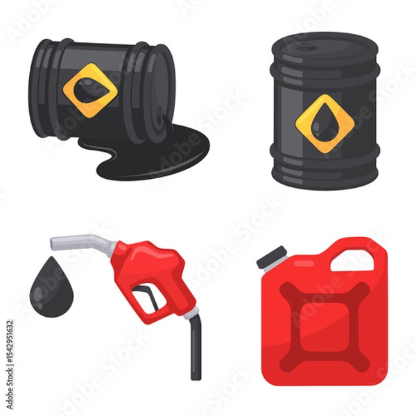Obraz Vector Illustration of Oil Barrels and Fuel Containers with Gasoline Pump Nozzle on White Background