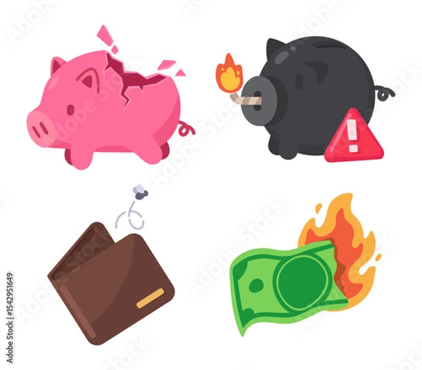 Obraz Colorful Financial Crisis Icons Featuring Piggy Banks, Wallet, and Burning Money Illustrations