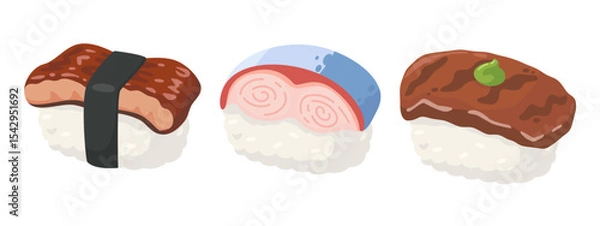 Obraz Assorted Sushi Illustrations Featuring Nigiri with Various Toppings on White Background