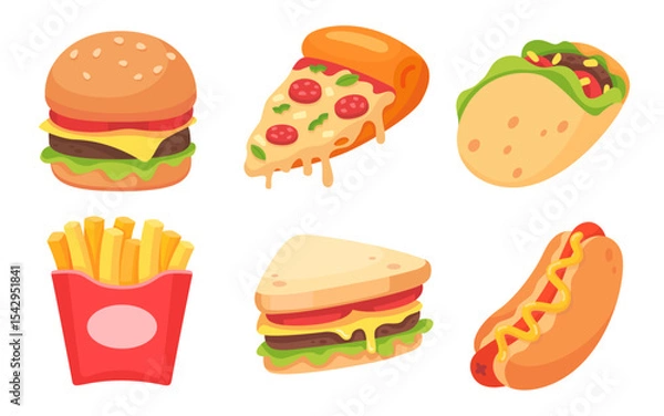 Obraz Colorful Collection of Fast Food Icons Featuring Burger, Pizza, Taco, Fries, Sandwich, and Hot Dog on White Background