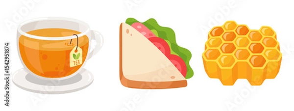 Obraz Vector Illustration of Tea Cup, Sandwich, and Honeycomb Isolated on White Background