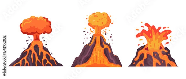 Fototapeta Colorful Cartoon Volcano Eruptions with Lava and Ash Explosions in a Dynamic Vector Illustration