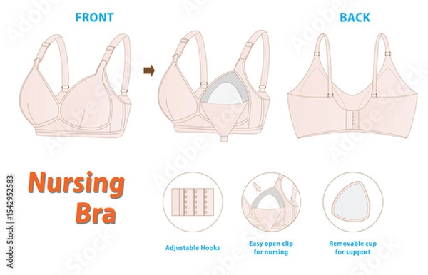 Fototapeta Nursing Maternity Bra Illustration with Adjustable Hooks and Easy-Open Clip-with Features for Breastfeeding Mothers