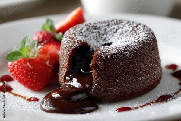 Obraz Chocolate lava cake with frosting icing and fresh strawberries on white plate, for popular dessert.