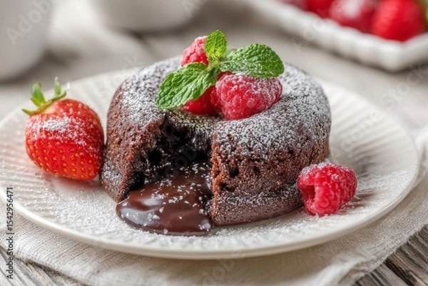 Obraz Chocolate lava cake with frosting icing and fresh strawberries and raspberries on white plate, for popular dessert.