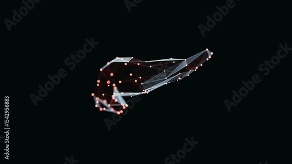 Obraz 3d render of a vibrant, low-poly pancreas over dark background. Pancreas wireframe made of light points. 3d illustration