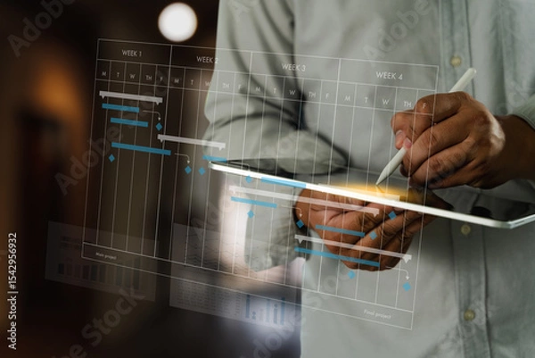 Obraz Project management software person using tablet with digital project timeline overlay, showing planning and scheduling, professional setting