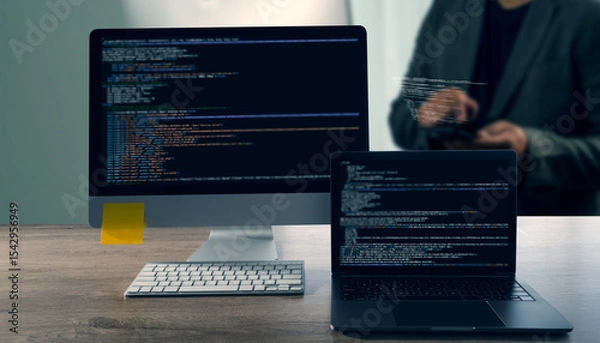 Obraz Programming code on representing Close up of computer monitor and laptop displaying code, with person background using tablet, modern workspace
