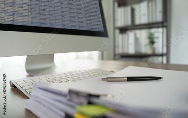 Obraz Documents graph Analyze document plans modern office workspace with computer monitor displaying spreadsheets, keyboard, pen, and stacks of paper
