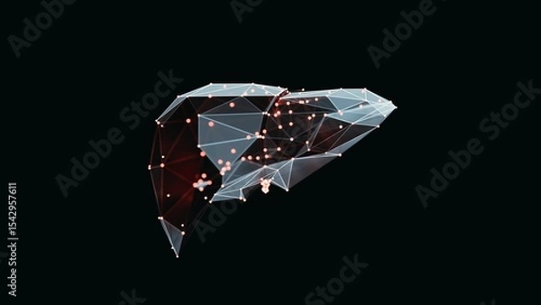 Obraz 3d render of a vibrant, low-poly liver over dark background. Liver wireframe made of light points. 3d illustration
