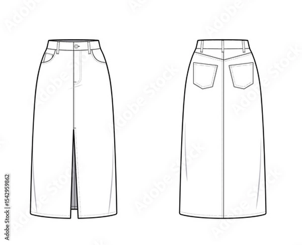 Fototapeta Denim Maxi Skirt with Front Slit-Five Pocket-  Straight Design- Front and Back View- Fashion Technical Illustration - Denim Skirt CAD Mock-up