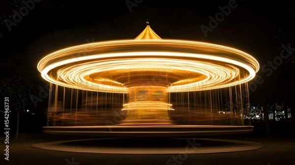Fototapeta A long exposure of a spinning carousel at night