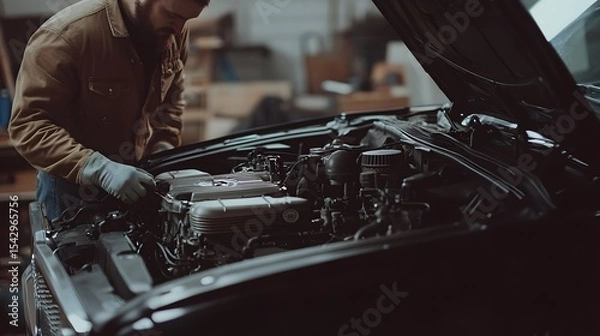 Fototapeta A mechanic inspecting the engine of a car