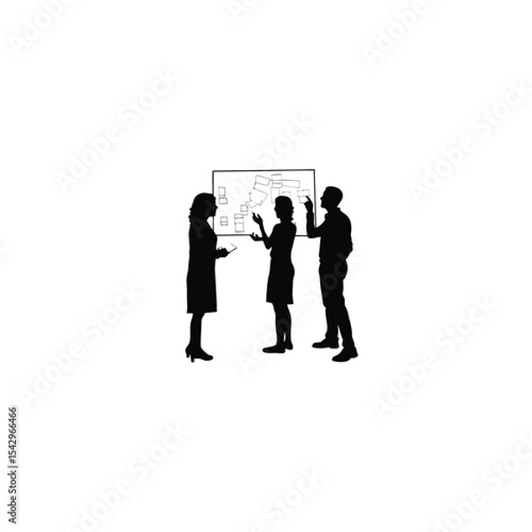 Obraz Silhouette of a group discussing ideas around a whiteboard on white background