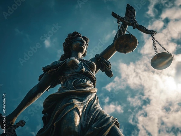 Obraz Low-angle shot of a bronze Lady Justice statue holding balanced scales and a sword