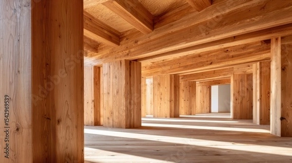 Fototapeta A spacious and minimalist interior features warm wooden columns, creating an inviting atmosphere filled with natural light, perfect for contemporary design aesthetics.