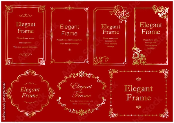 Obraz 高級感のあるエレガンスなフレームセット、飾り罫、装飾デザイン、金、ゴールド、赤、背景