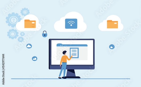 Fototapeta Businessman interacting with social network icons on a laptop, tablet, or mobile device, illustrating modern business communication technology