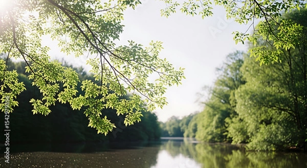 Fototapeta Sunny tranquil river landscape framed by lush green tree branches, with reflections on calm water and bright sky