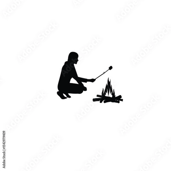Obraz Silhouette of a person roasting marshmallows over a campfire on white background