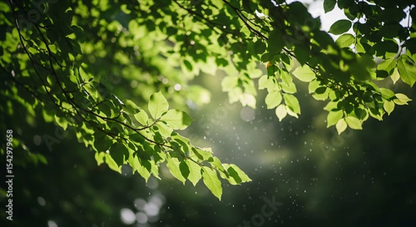 Fototapeta Sunlight illuminates vibrant green leaves and atmospheric particles in a serene forest canopy, creating a peaceful natural background.
