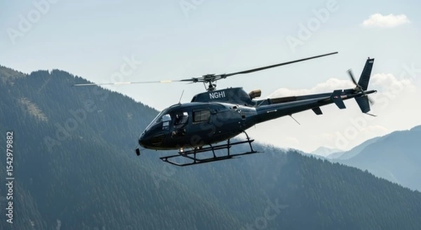 Obraz Helicopter flying above the mountains in sunny day