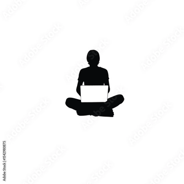Obraz Silhouette of a person sitting cross-legged with a laptop on white background