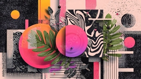 Fototapeta A vibrant abstract collage featuring layered shapes, botanical elements, and CMYK color gradients.