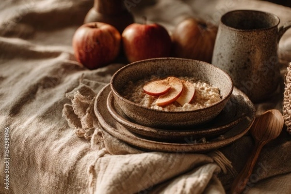 Fototapeta Close-up of a cozy breakfast setup: oatmeal with apples and cinnamon, a linen napkin, rustic dishware, warm colors, soft fall light