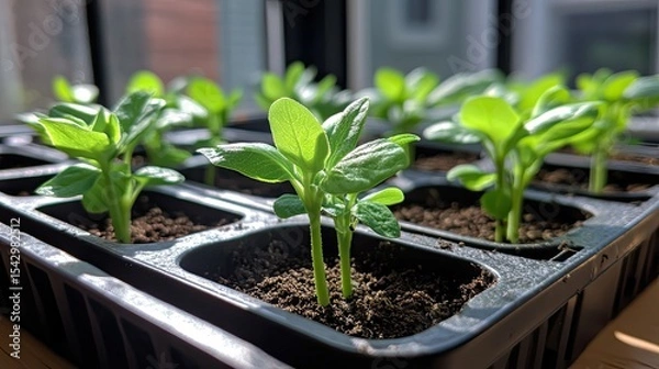 Fototapeta Sprouting seedlings in a plastic tray by a window