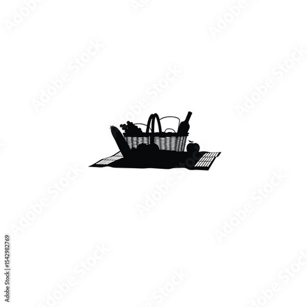 Obraz Silhouette of a picnic basket filled with food near a lake on white background