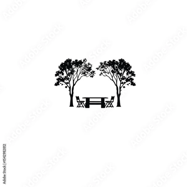 Obraz Silhouette of a picnic table with chairs surrounded by trees on white background