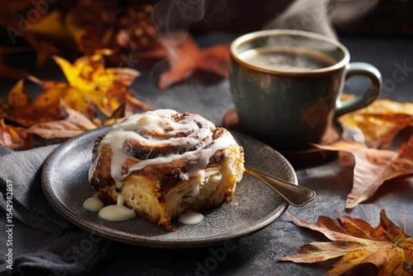 Fototapeta Realistic close-up of a cinnamon roll on a ceramic plate, icing melting slightly, surrounded by autumn leaves and a steaming cup of coffee