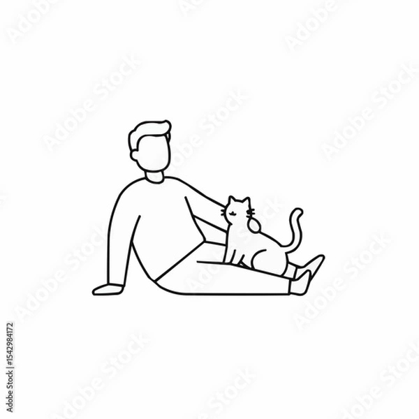 Fototapeta Man sitting on floor with cat in simple outline style  