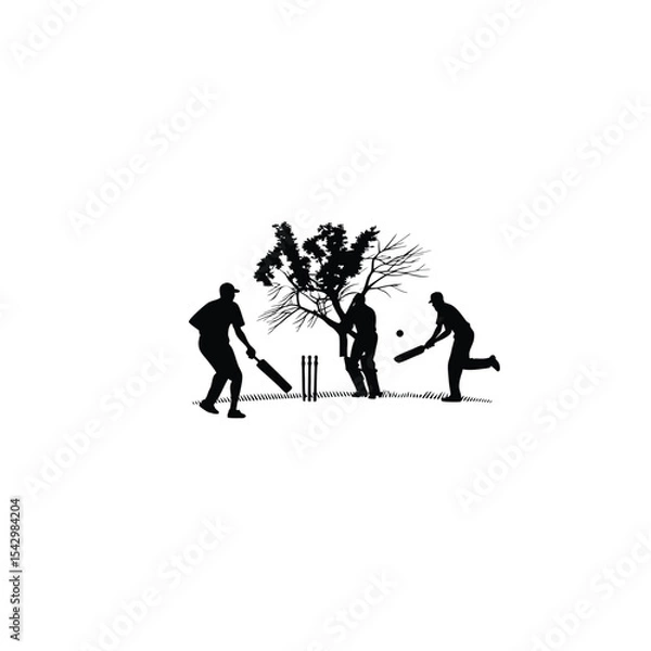 Obraz Silhouette of adults enjoying a game of cricket in the backyard on white background