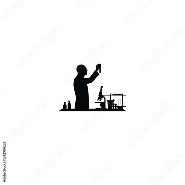 Obraz Silhouette of a scientist examining a test tube in a lab on white background