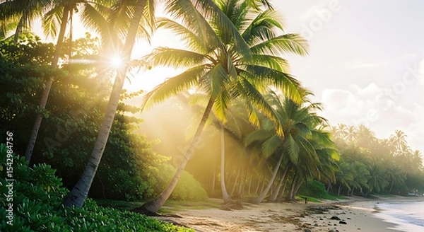 Fototapeta Golden hour light on a tropical beach with lush palm trees and ocean shore