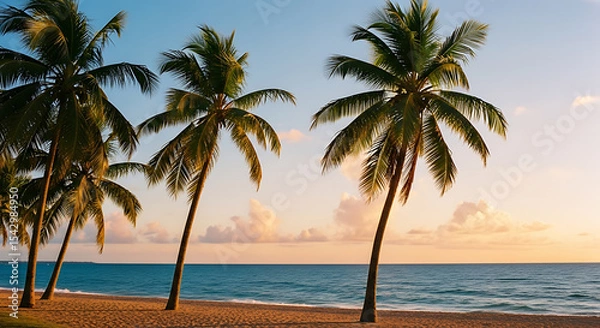 Fototapeta Tropical Beach Paradise at Golden Hour with Palm Trees and Calm Ocean