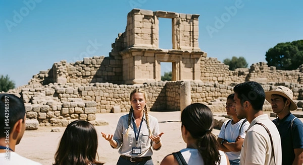 Fototapeta Tour Guide Explaining History to Diverse Group at Ancient Archaeological Ruins Under Sunny Sky
