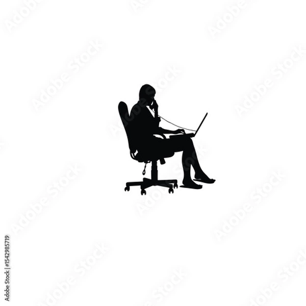 Obraz Silhouette of an office worker multitasking with phone and laptop on white background