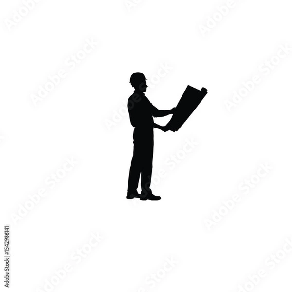 Obraz Silhouette of an engineer inspecting construction plans on white background