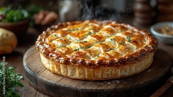 Obraz Braham Pie Day. Golden lattice chicken pot pie with fresh herbs on rustic wood table