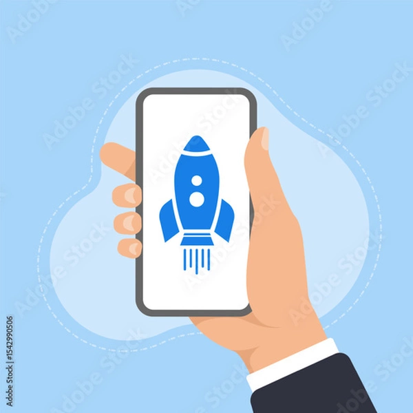 Fototapeta Businessman hand holding smartphone showing graphic with rocket rising up. Business start up. Vector illustration.